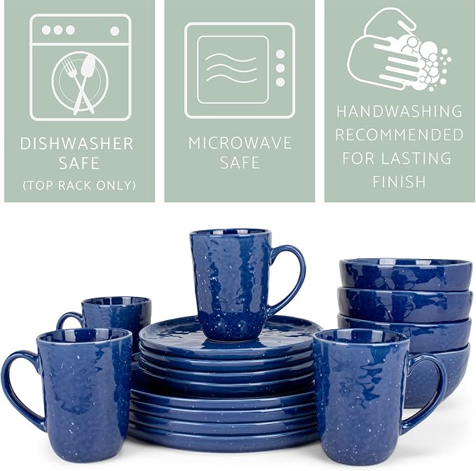 Elanze Designs Shiny Speckled Western Country Style Ceramic Plates Bowls Mugs Dinnerware 16 Piece Set - Service for 4, Blue