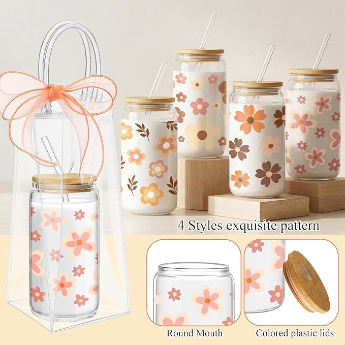 Mumufy 8 Sets Cute Boho Glass Cups with Clear Gift Bag 16 oz Reusable Pink Iced Coffee Mugs Aesthetic Cute Tumbler with Lids and Straws, Gifts for Girls Women Bridesmaid