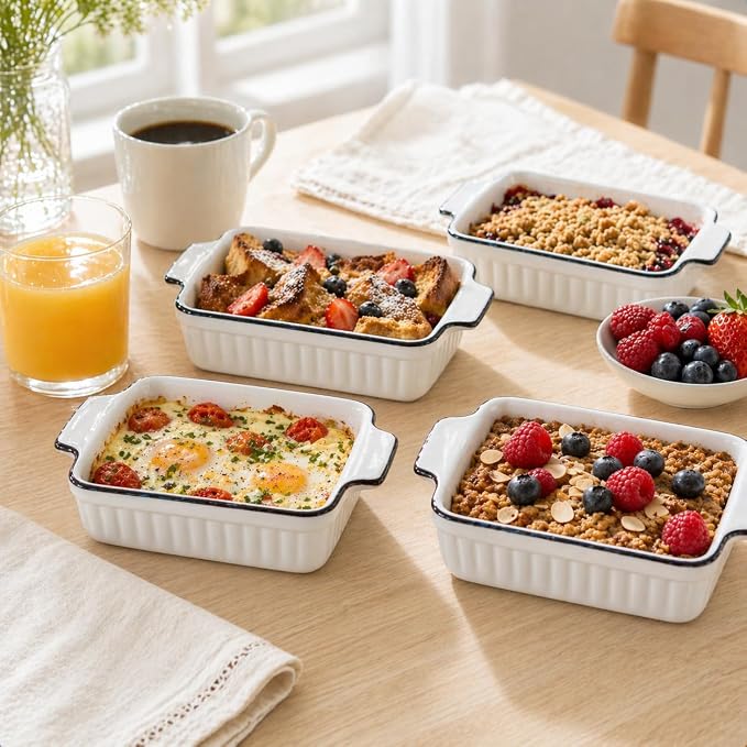 6 Pcs Ceramic Baking Dish, 12 Oz Small Casserole Dish with Handle, Porcelain Bakeware Sets, 5 inch Rectangular Lasagna Pans, Baking Serving Dishes for Casserole, Cakes, Dishwasher Oven Safe