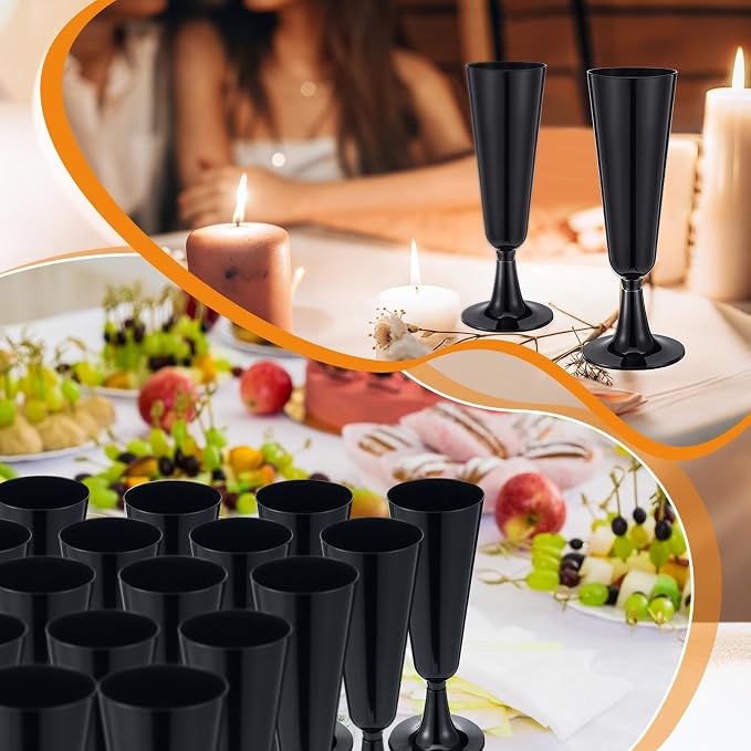 Domensi 200 Pack Black Champagne Flutes Bulk Plastic Disposable Champagne Glasses 5.5 oz Plastic Mimosa Glasses Wedding Cocktail Cups for Engagement Birthday Graduation Decor 2026 Party Supplies