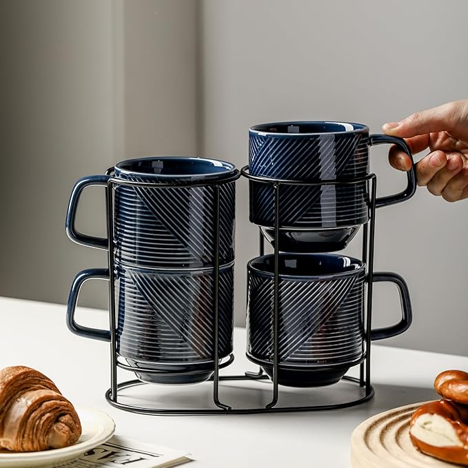 Stackable Coffee Mugs with Rack: 13 oz Stacking Ceramic Cups with Stand - Porcelain Stacked Tea Mug Set of 4 (Navy)