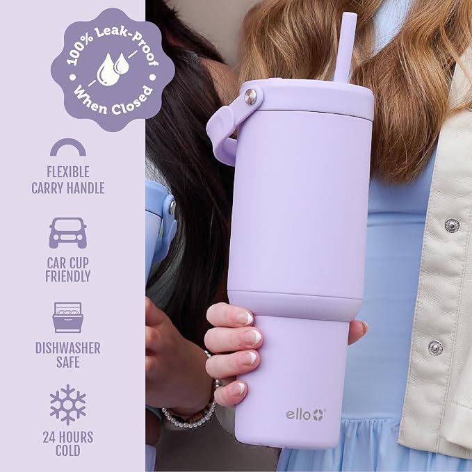 Ello Oasis Go+ 32oz Tumbler with Top Handle and Retracting Straw | Reusable Insulated Stainless Steel Cup, 100% Leakproof Water Bottle, 24 Hours Cold, Cup Holder Friendly For Travel | Orchid