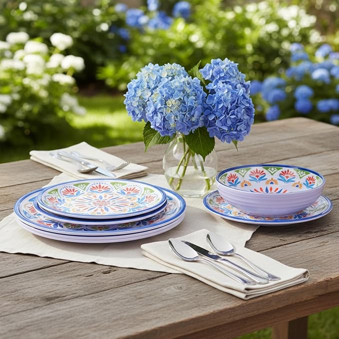 Dinnerware Set 12Pcs Melamine Plates and Bowls (Blue Flower) | Wedding Gift,Parties,Home,Service,Durable,Floral Pattern,Tableware Dinner, Salad Dessert Plates,Housewarming