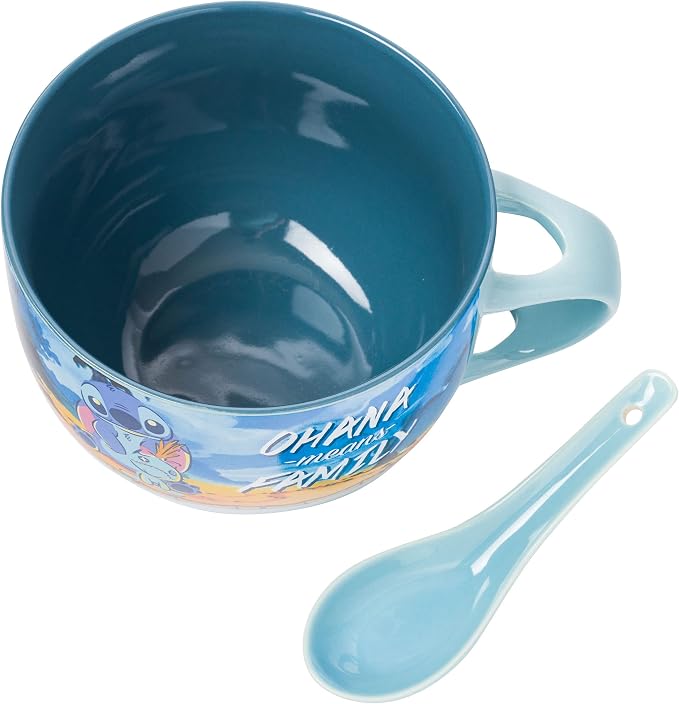 Silver Buffalo Disney Lilo and Stitch Featuring Scrump Ohana Means Family Ceramic Soup Mug Spoon Set, 24 Ounces