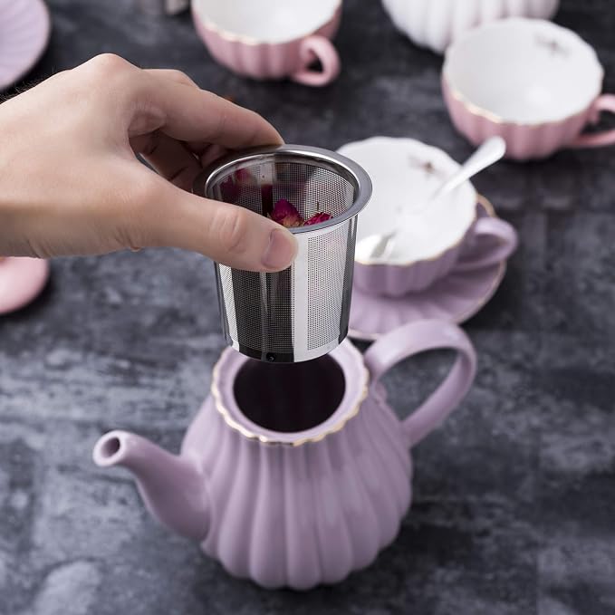 Jusalpha Fine China 8 OZ Purple Coffee Cup/Teacup, Saucer, Spoons, Teapot and Creamer Set, 17-Pieces (FD-TW17PC Set, Purple)