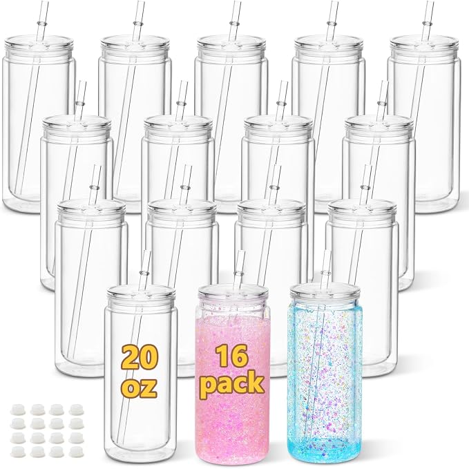 20 Oz Acrylic Snow Globe Tumbler, 16 Pack Pre-Drilled Double Wall Plastic Snowglobe Cup for Glitter Snow Globe Diy, with Clear Lid