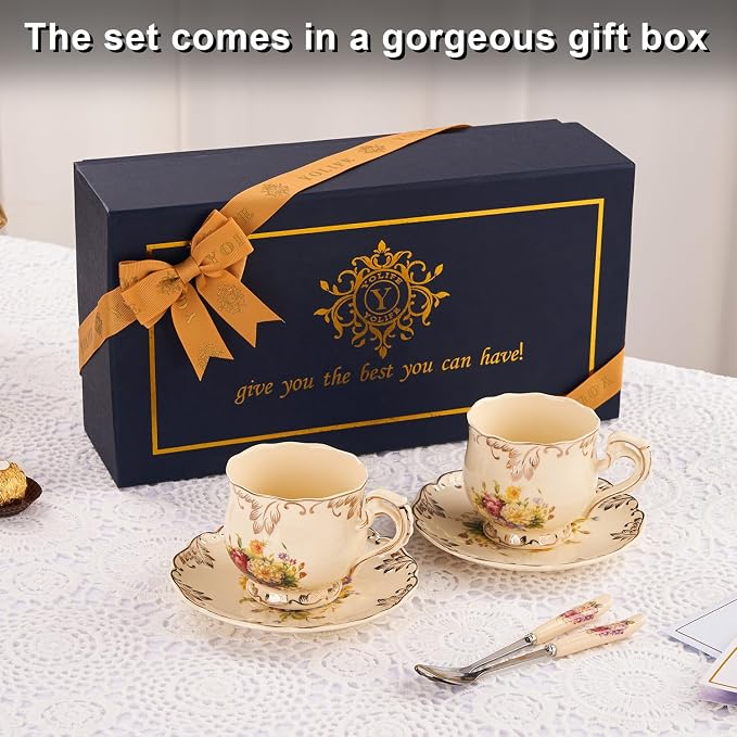 YOLIFE Tea Cups and Saucers Set of 2, Vintage Porcelain Tea Cups Set Floral with Gold Leaves Trim Design - 8 oz (Flowering Shrubs with Gift Box(no stand))