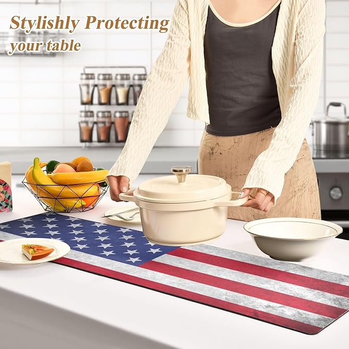 2 in 1 Table Runner Trivet for Hot Pots and Pans Heat Resistant Non Slip Waterproof 39 x 12 Inch Decorative Table Protector for Kitchen Countertop American Flag