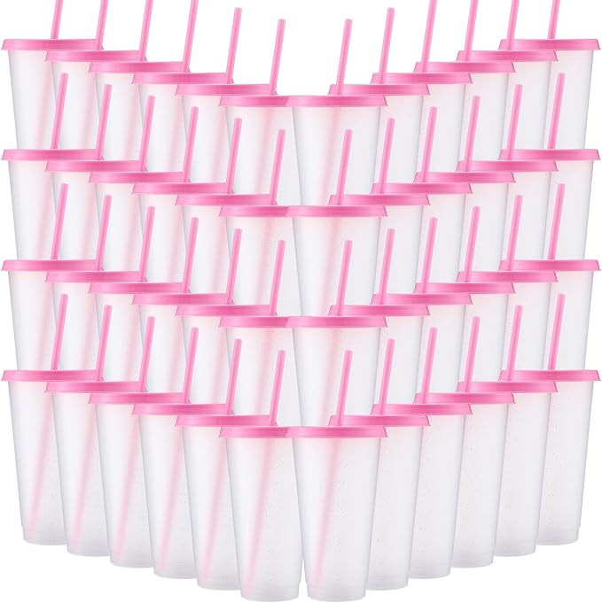 Honeydak 60 Pack Tumbler with Straw and Lid Cups for Gifts Glitter Plastic Coffee Cups 24-27 oz Water Bottle Iced Coffee Travel Mug Party Favors for Birthdays Travel (Clear and Pink)