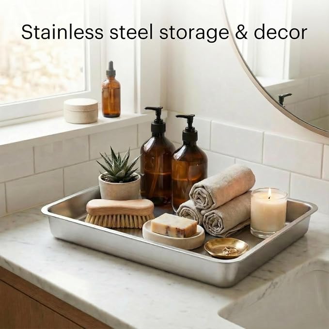 Suclain 2 Pack Stainless Steel Boot Trays for Entryway Under Sink Mat Tray Litter Box for Kitchen Cats Cabin Bathroom Office Storage Decoration, 20 x 14 x 4 in, Non-Slip Rubber Feet(20 x 14 x 4 Inch)
