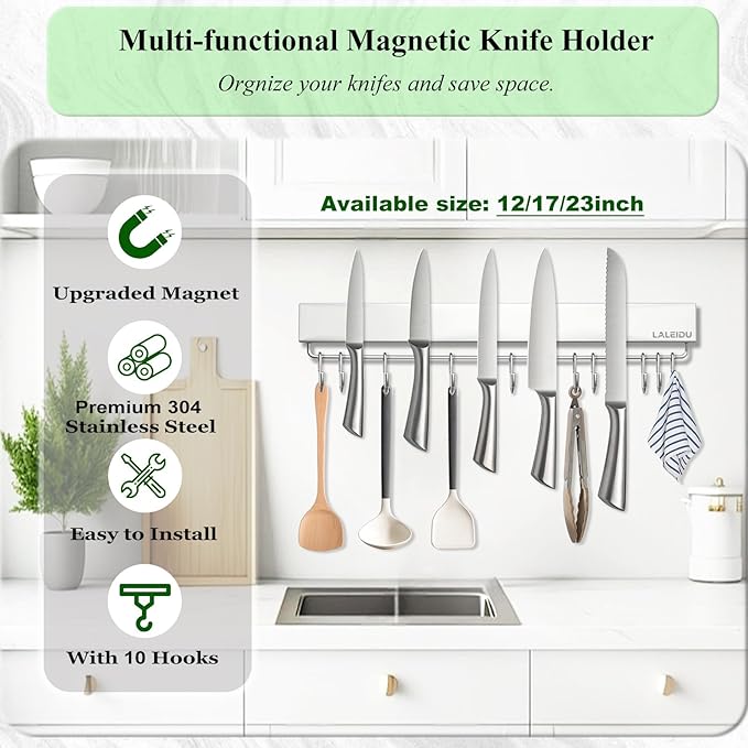 Magnetic Knife Holder for wall, 17 Inch Knife Magnetic Strip with 10 Hooks, Stainless Steel Knife Holder Magnet Rack for Kitchen Organizer, Mount with Adhesive or Screws