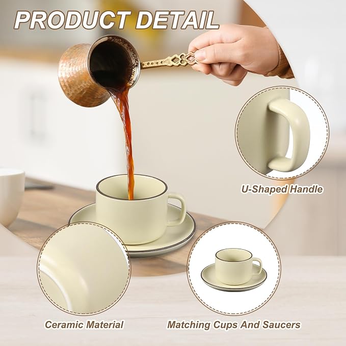 uxcell Handmade Vintage Espresso Cups, 8 oz Coffee Cups and Saucers Ceramic Tea Cup with Handle Dishwasher and Microwave Safe for Latte Cappuccino Milk Office Home Gifts, Pure Beige