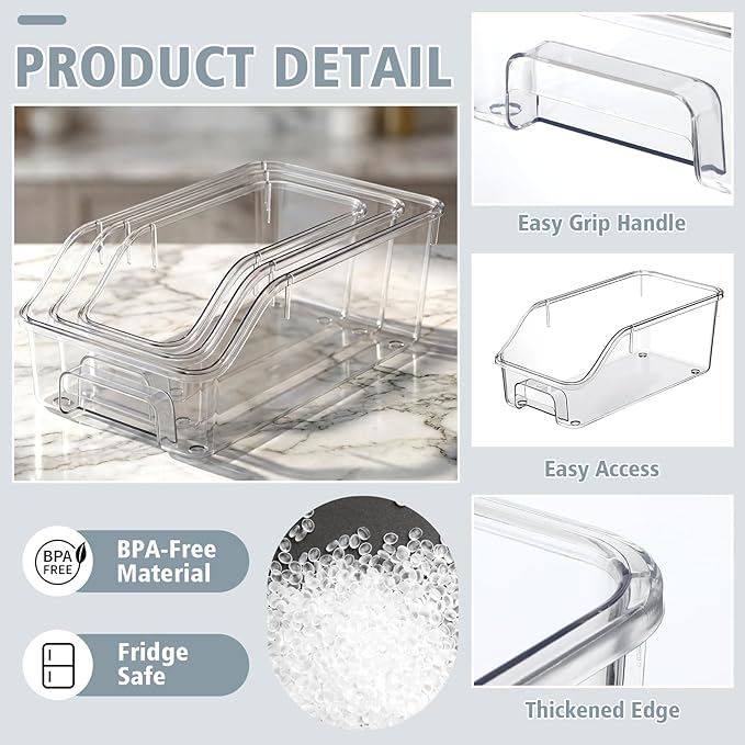 LemonRoad 12 Packs Clear Freezer Organizer Bins with Handle Pantry Vegetable Organizers and Storage Stackable Open Front Fridge Storage Egg Salad Containers for Kitchen Refrigerator Cabinet Closet