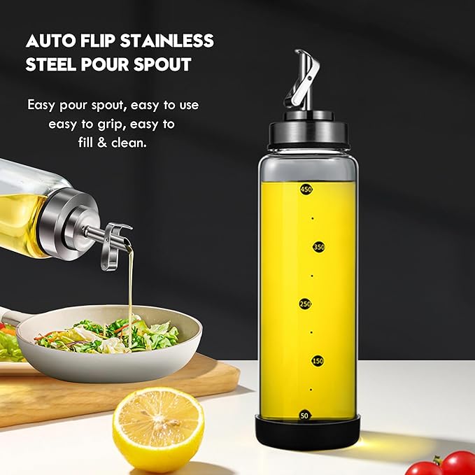 Glass Olive Oil Dispenser Bottle Shatterproof & Leakproof Oil and Vinegar Dispenser Set with Stainless Steel Spout & Rubber Bottom