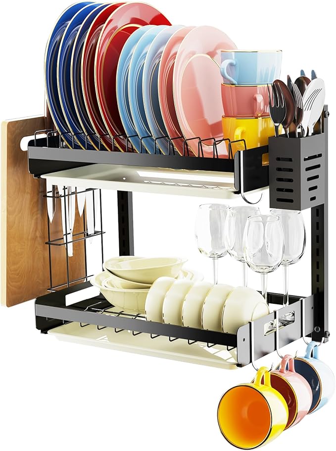 Hanging Wall Mounted Dish Drying Rack with Cutting Board Rack*1, Hook*4, Drain Tray*2, Apartment & RV Wall Mounted Dish Rack, Adhesive Mountable, 2 Layers & 16“ Long, Counter Free (Black)