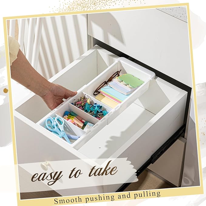 5 Pcs Expandable Drawer Organizer Bins Adjustable Deep Drawer Hanging Organizer Tray Expandable 11.4 to 18.1 Inches Plastic Dividers Storage for Office Bathroom Bedroom Kitchen Desk, White