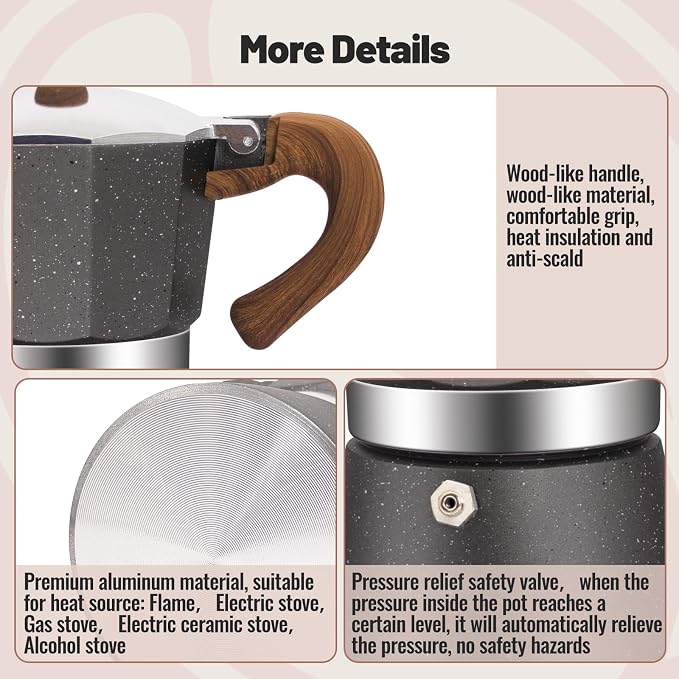 6 Cup Aluminum Moka Pot Classic Stovetop Espresso Coffee Maker 300ml 10oz Coffeemaker Percolator Mocha Pot Greca Coffee Maker Cafe Makers for Italian and Cuban Café Brewing Gray