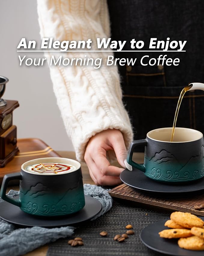 8 oz Cappuccino Cups Set of 2, Embossment Ceramic Coffee Cups with Saucers Set for Latte Art, Artistic Stoneware Cups for Cafe Au Lait, Black Tea, Coffee Lovers GiftsGradient Green