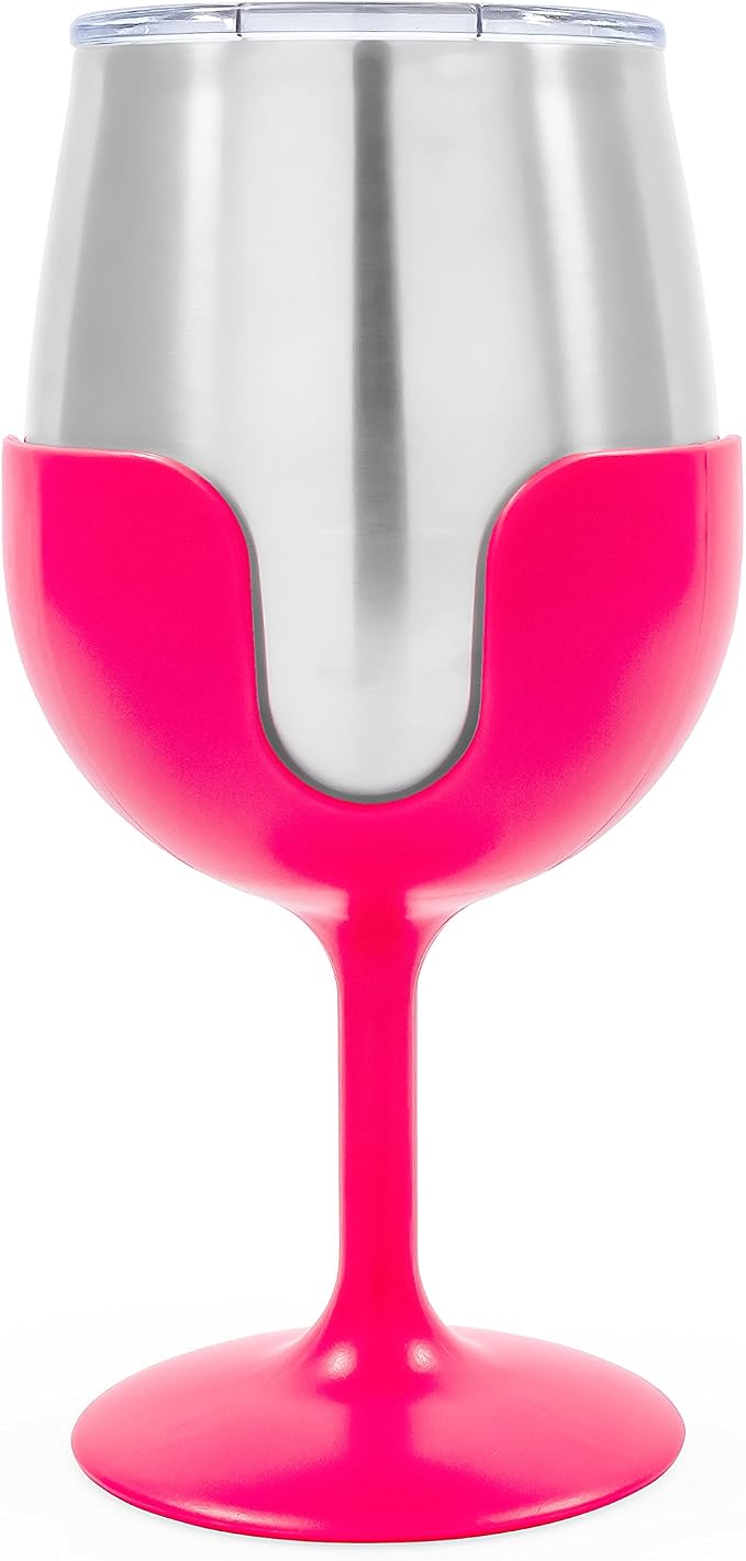 Camco Life is Better at The Campsite 8 oz Wine Tumbler 2 Pack - Heavy Duty Double Wall Vacuum Insulation - Crafted of 18/8 Stainless Steel - Features Removable Blue & Pink Stems (51915)
