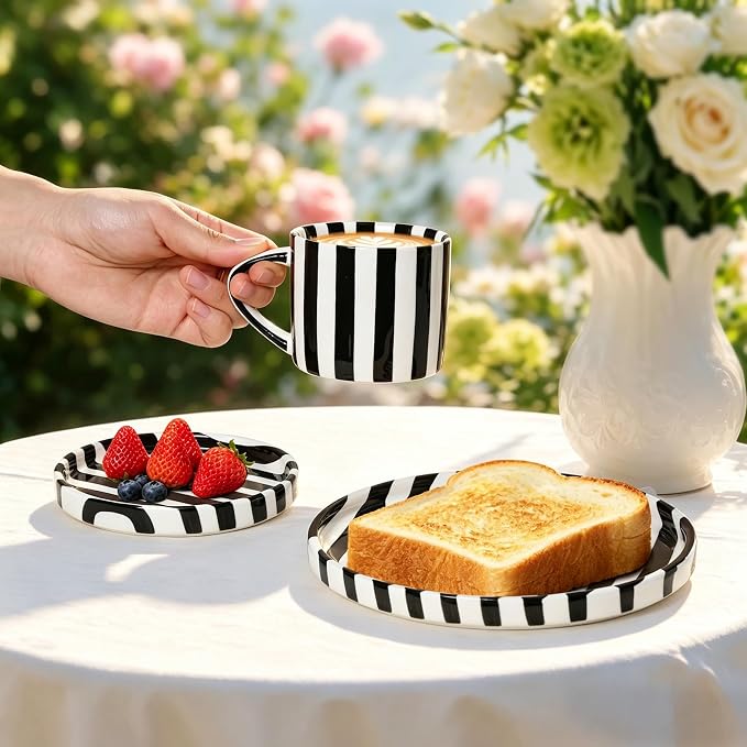 Ceramic Coffee Mug Set with Plates, 3-Piece Black Striped Mug Coffee Mug Ceramic Tea Cups and Saucers & Dessert Plate, Unique Coffee Mugs, M/W, D/W & Fridge Safe, Gift for Women, Coffee Lover Gifts