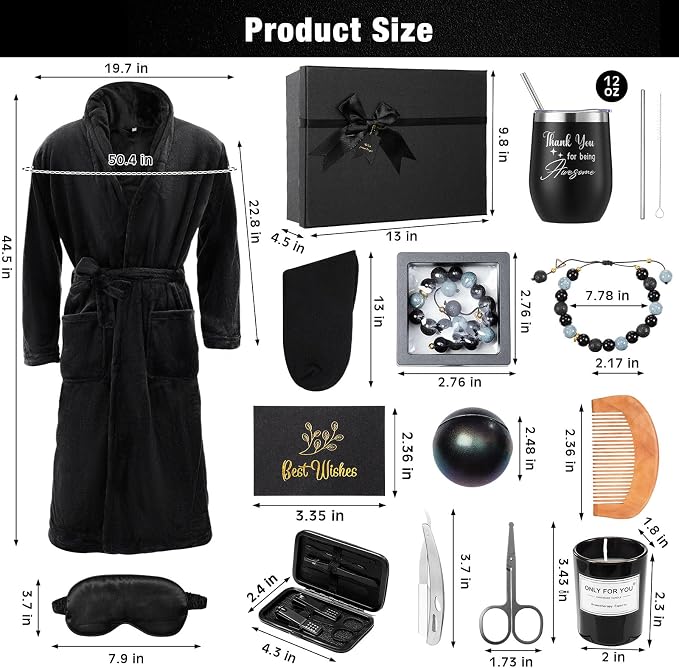 Nuogo 15 Pcs Birthday Gifts for Men Beard Care Set for Him Dad Birthday Gifts Basket Ideas Kit for Men Tumbler Bath Robe for Father's Day Dad Husband Boyfriend Box (Unhooded,Black)