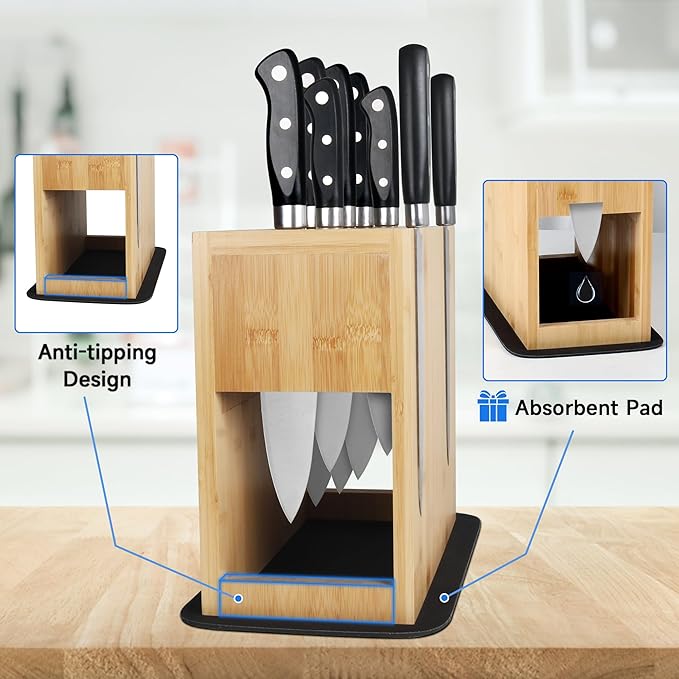 Double-Sided Magnetic Knife Holder Rack - Bamboo Wood Storage Stand with Absorbent Protection Pad, Can Hold Up to 26 Knives.