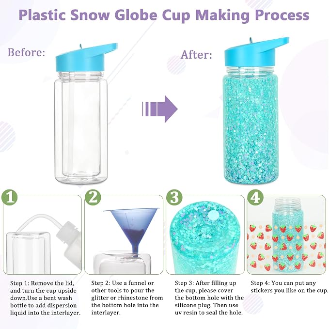 8 Pack 10 Oz Plastic Snow Globe Tumbler for Kids with Pre-Drilled Hole and Plug, Leak Proof Double Wall Snow Globe Sports Water Bottles with Portable Handle for Glitter DIY Gift, Mixed Color
