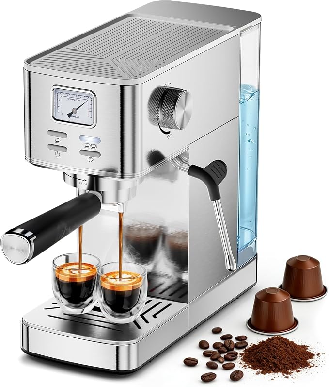 COWSAR Espresso Machine 20 Bar, Compact Espresso Maker with Milk Frother, Visual Pressure Gauge, Commercial Coffee Machine, 47oz Removable Tank/Capsule Funnel, for Cappuccino, Latte, Stainless Steel