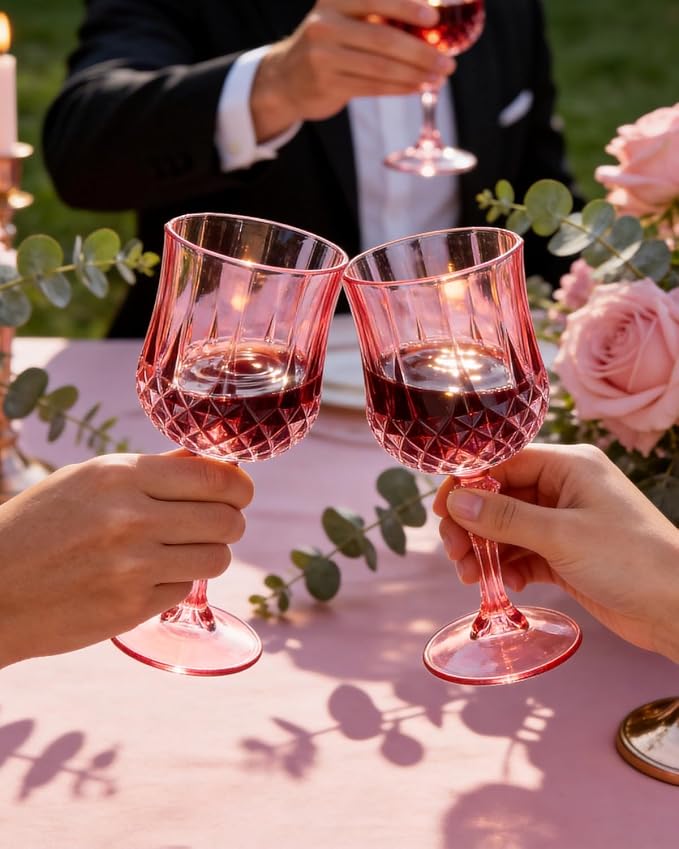 Ciaell 24PCS Pink Plastic Wine Glasses - 7 Oz Plastic Goblets for Party - Pink Vintage Drinking Glasses - Disposable Water Goblets Set for Wedding, Bar, Wine, Cocktail, Whiskey