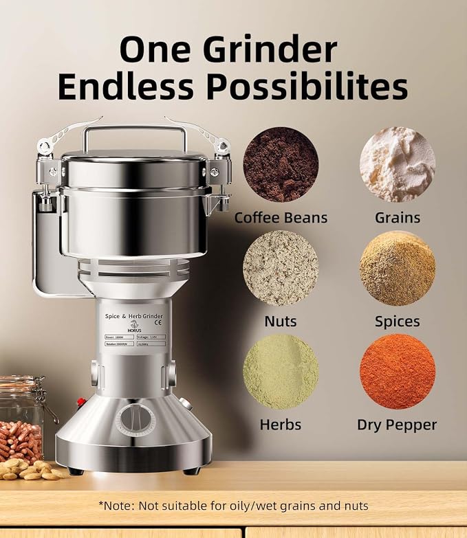 Electric Grain Mill 550g, Flour Grinder Mill Stainless Steel for Home, Counter Grain Grinder for Wheat, Rice, Wheat Berry, Corn, Herbs, Spices