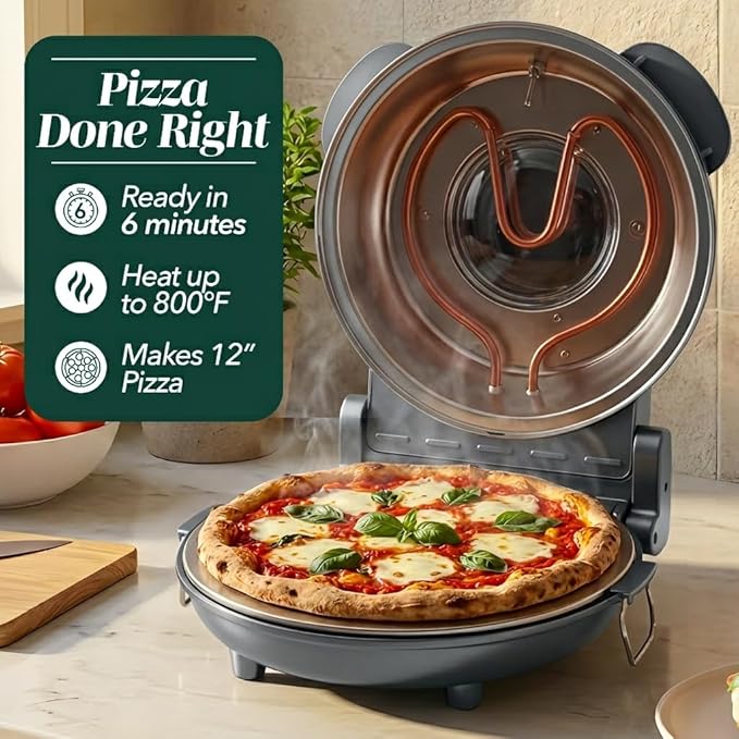 Cook With Color Electric Countertop Pizza Oven, Indoor Crispy Crust Pizza Maker, 12 Inch Pizza Oven with Ceramic Stone, Heats up to 800°F, Dual Temperature Control, Includes Pizza Peel, Gunmetal Gray