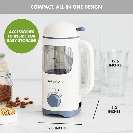 GreenPan 30oz Nut Milk Maker Machine, 15-in-1 for Homemade Almond, Oat, Soy, Coconut, Plant-Based Non-Dairy Beverages, Soups, BPA-Free Glass, Automatic Self-Clean, Delay Start, Cream