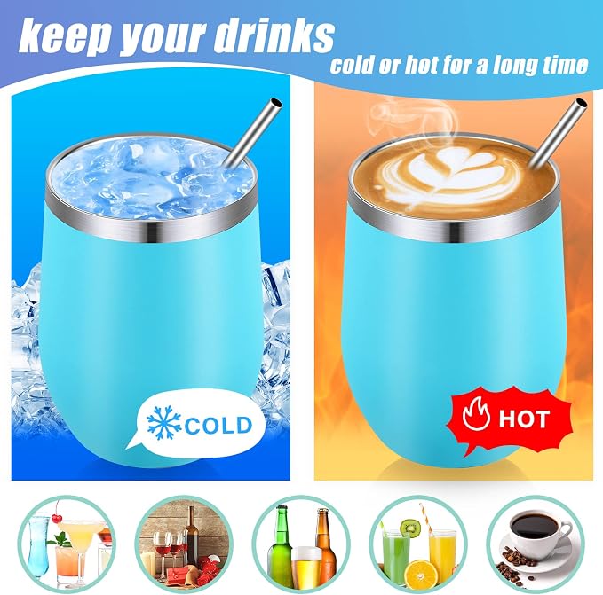 Remagr 16 Pack Stainless Steel Wine Tumblers 12 oz Insulated Vacuum Wine Cup Set Double Wall Stainless Steel Stemless Mug Glasses for Coffee Soda Whiskey Outdoor Travel (Light Blue)