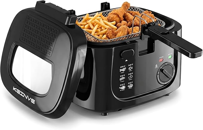 KEINVE Electric Deep Fryer with Basket, 2.5L Oil Fryer with Non-Stick Inner, Viewing Window, 1600Watt Fast Heating, Black