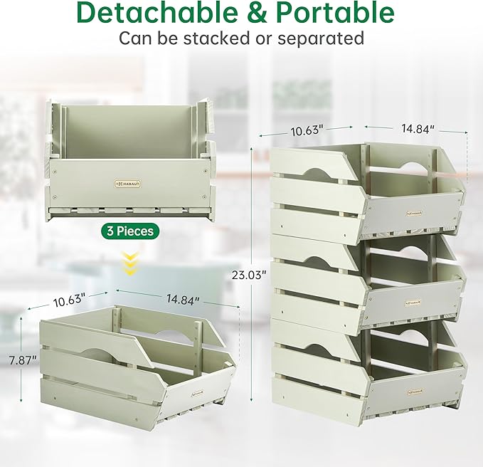 HABAU Wood Potato Onion Storage Bins - Wooden Stackable Produce Basket - Fruit Vegetable Storage for Kitchen Pantry Organization, Set 3 Pieces