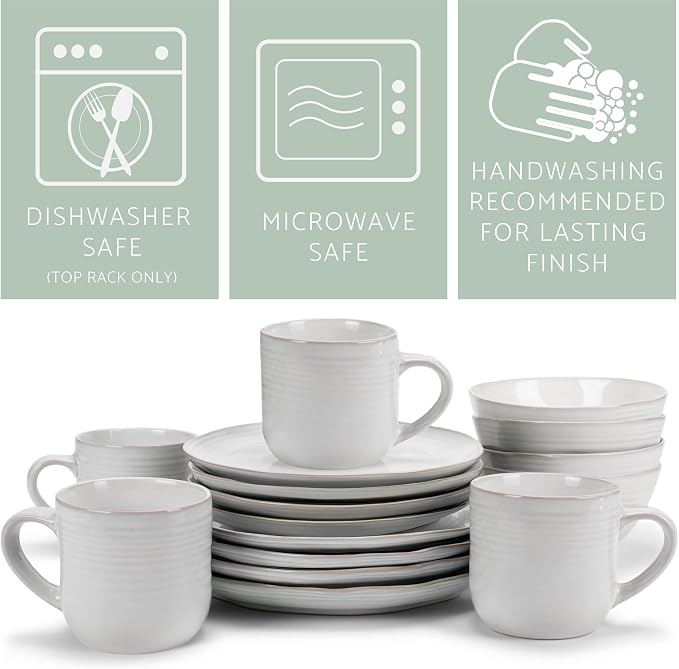 Elanze Designs Reactive Glaze Farmhouse Rustic Boho Ceramic Stoneware Dinnerware 16 Piece Plate Bowl Mug Dish Set - Service for 4, Classic White