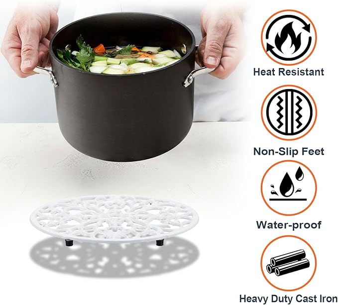 2 Pack Cast Iron Trivets, Decorative Oval Trivet 9.6"x7.3", Heat Resistant Metal Trivets for Hot Dishes Pots Pans Plates Teapot, Heavy Duty Cast Iron Pot Holder for Kitchen Countertops Dining Table