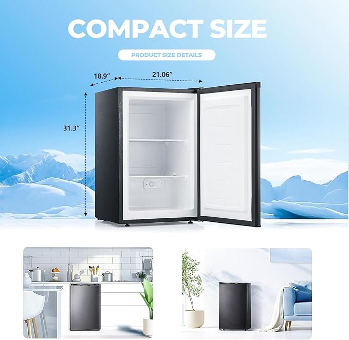 Electactic 3.0 Cu.ft Small Freezer, Mini Upright Freezer with 7 Adjustable Thermostat, Removable Shelves, Reversible Single Door, for Bedroom/Home/Dorms/Apartment (Black)