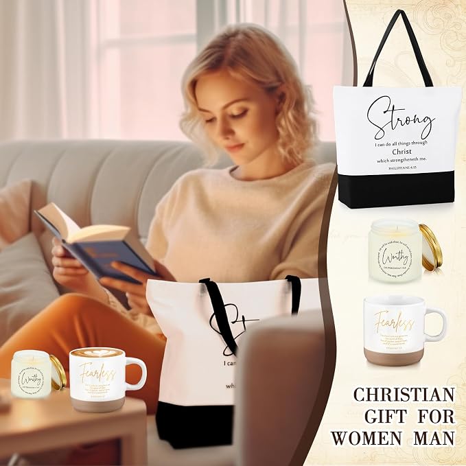 LemonRoad 3 Pcs Christian Gift for Women Inspirational Large Handle Bag Ceramics Coffee Mug Religious Scented Religious Gift for Grandparent Vbs Church Party