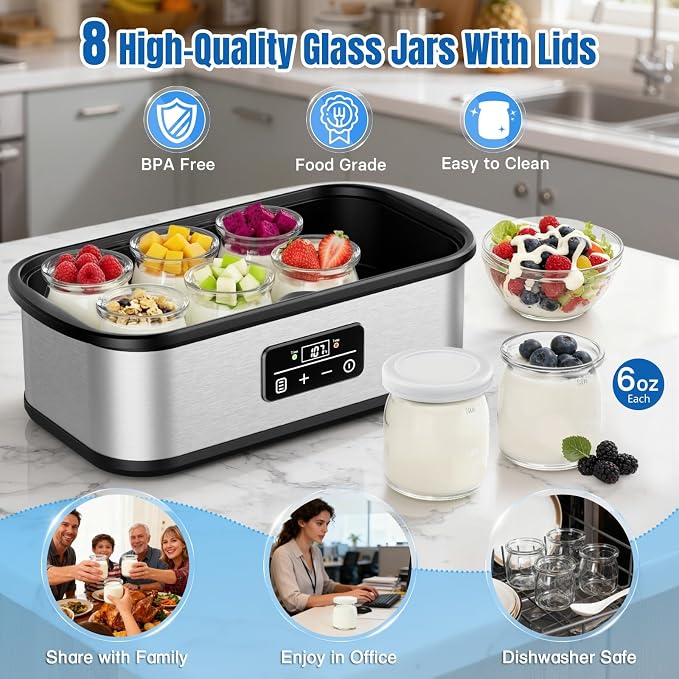 Yogurt Maker with Temperature Control, Yogurt Maker Machine with Auto-off, Make Healthy Yogurt with Full Probiotics, 8×6oz Glass Jars
