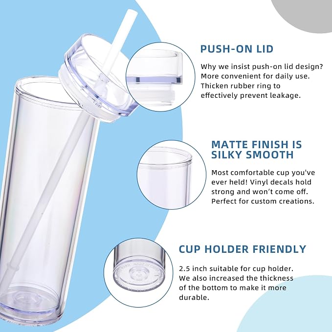 Volhoply 16oz Plastic Skinny Tumbler with Lid and Straw Bulk 4 Pack,Insulated Double Wall BPA Free Matte Acrylic Tumblers,Iced Coffee Travel Mug Reusable Party Cup,Customizable Diy Gifts(Clear,4 Set)