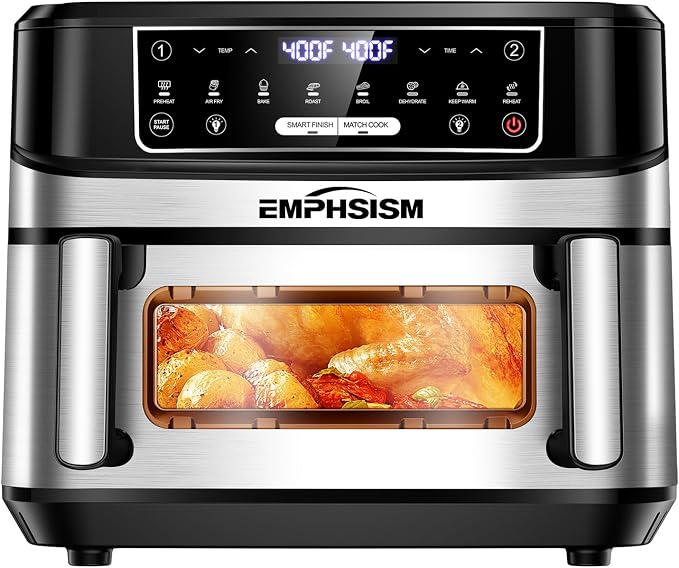 Emphsism 12QT Large Dual Zone Air Fryer with Divider, Match Cook & Smart Finish, Air Fry/Roast/Bake/Toast/Dehydrate/Reheat/Keep Warm/Preheat, Nonstick Dishwasher-Safe Basket, Digital Touchscreen