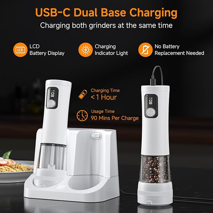 Electric Salt and Pepper Grinder Set,2 Pack Rechargeable Automatic Pepper Mill,with Charging Base,5 Level,Display,LED Lighting,Large Capacity,Kitchen Gift (2, White, Charging Base)