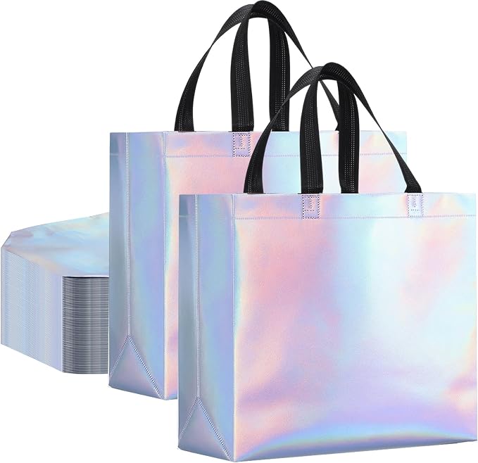 Eccliy Reusable Gift Bags Set Glossy Grocery Gift Tote Bag with Handle for Wedding, Bridal Shower, 4th of July, Summer Event(12 x 11 x 4.7 I Inch,Rainbow,80 Pcs)