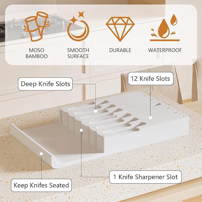 Domax Bamboo In-drawer Knife Block - Kitchen Knife Drawer Organizer Insert, Steak Knife Holder Without Knives, Drawer Knife Organizer Fits for 12 knives and 1 Sharpening Steel (Not Included), White