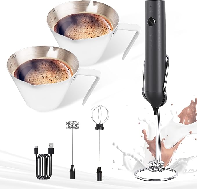 YARRAMATE Black Powerful Milk Frother Wand & 100ml Metal Measuring Cups (White)