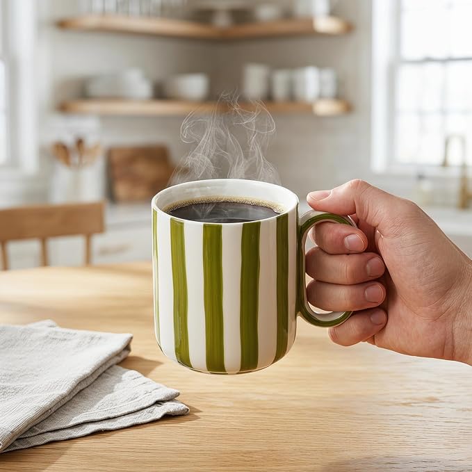 Ceramic Coffee Mugs Set of 4, 15 oz Stoneware Coffee Cups with Handle, Aesthetic Green Stripe Latte Tea Mug for Latte Tea Hot Chocolate, Microwave and Dishwasher Safe (15 oz)