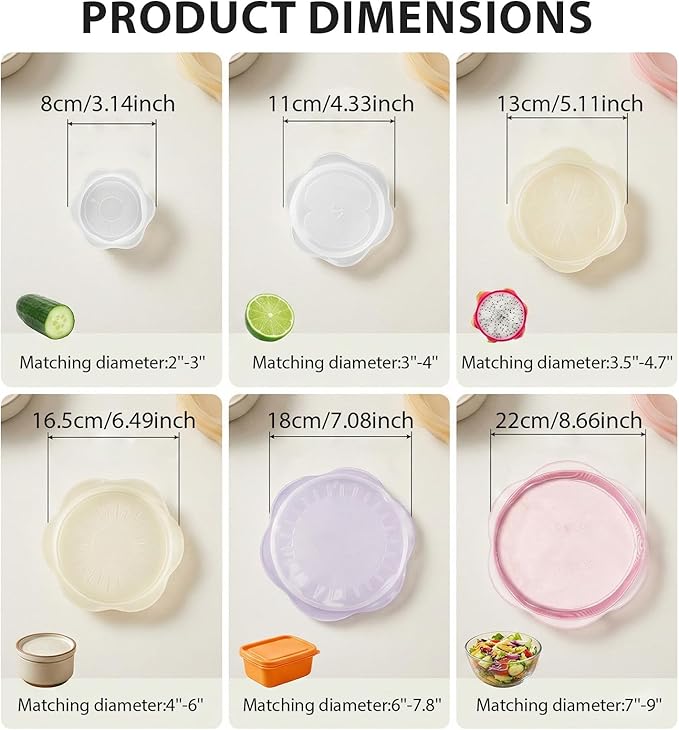12 Pcs Silicone Stretch Lids, Reusable Silicone Bowl Covers for Food Storage, Microwave & Dishwasher Safe, Leak Proof Airtight Seal Tops for Cans, Cups, Jars