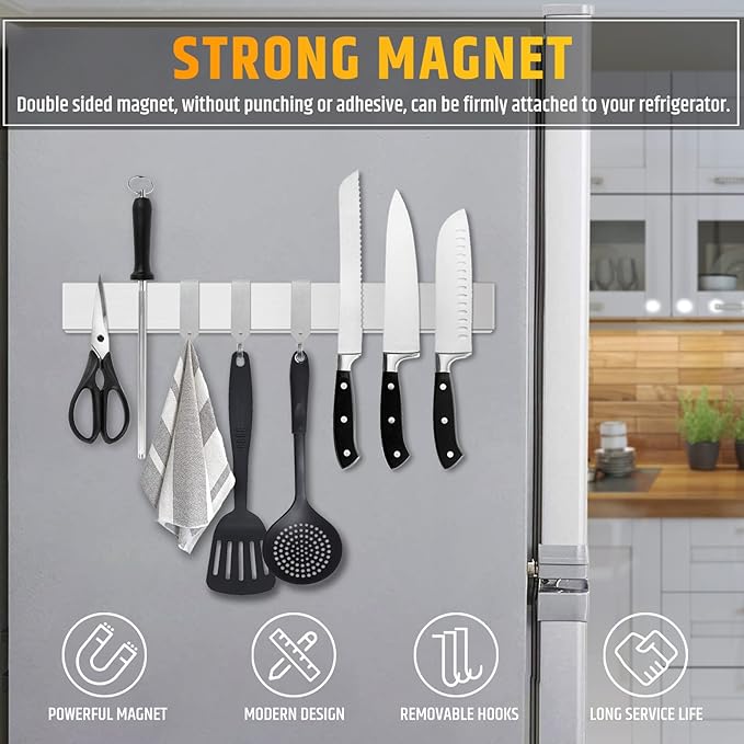 Fridge Applicable 17 Inch Double Sided Magnetic Knife Holder - Stainless Steel Knife Strip With Powerful Magnetic Pull Force - Use as Kitchen Knife Holder, Knife Rack & Tool Holder - Silver