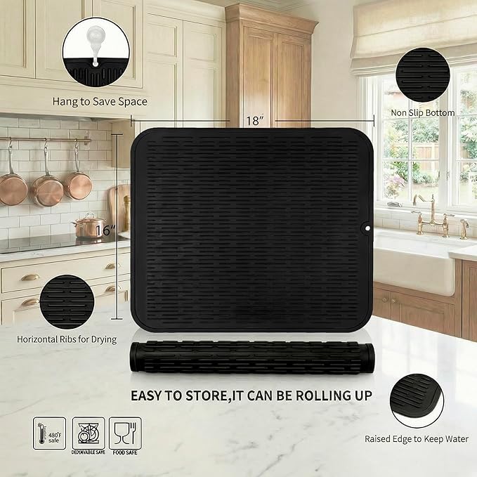MicoYang Silicone Dish Drying Mat for Multiple Usage,Easy clean,Eco-friendly,Heat-resistant Silicone Mat for Kitchen Counter or Sink,Refrigerator or Drawer Liner Black XL 18 inches x 16 inches